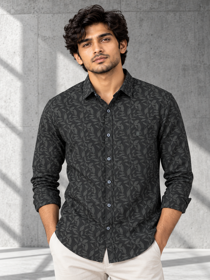 Black and Green Leaf Printed Casual Shirt