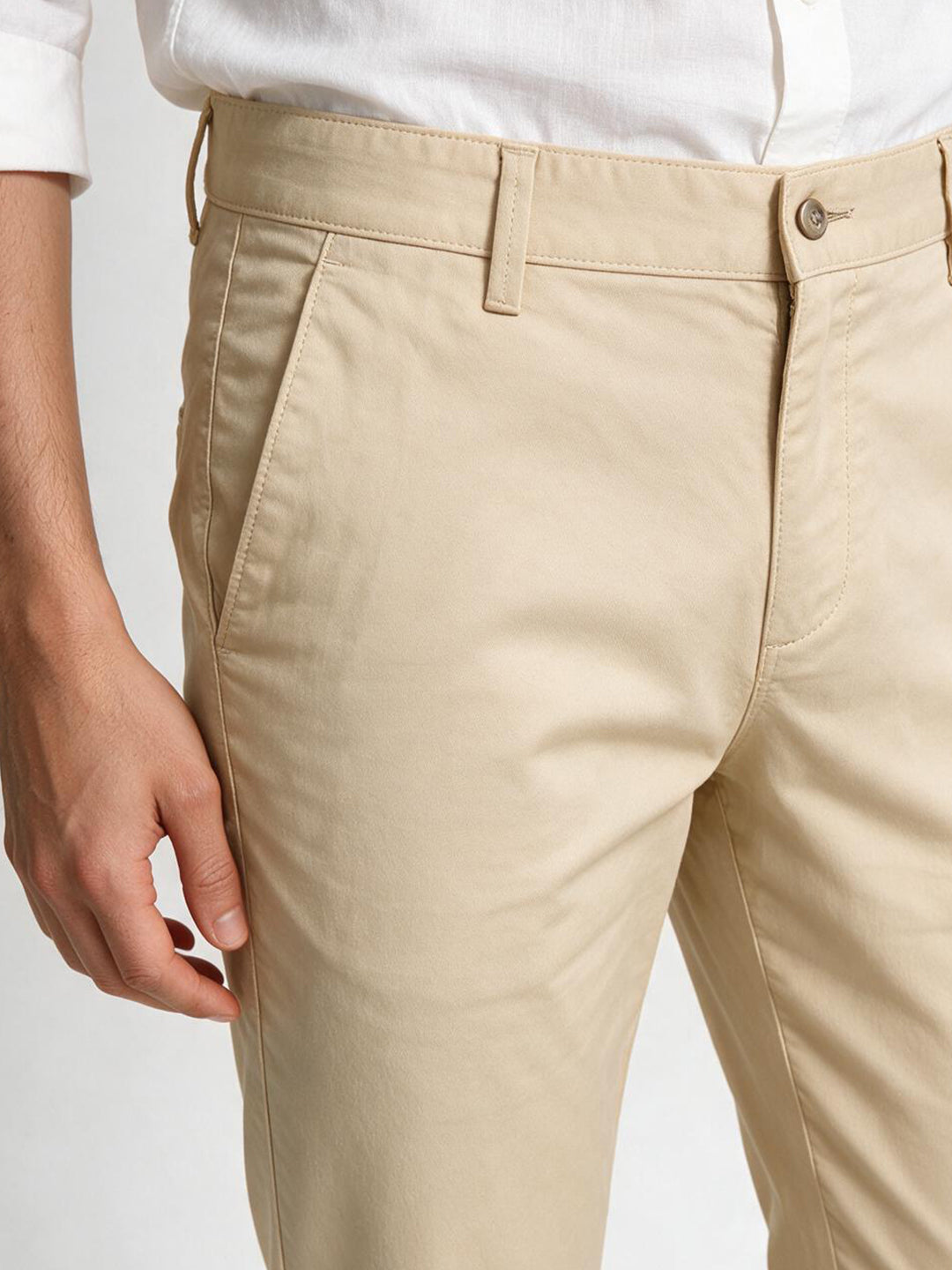 Beige Cotton Twill Satin Solid Casual Trousers