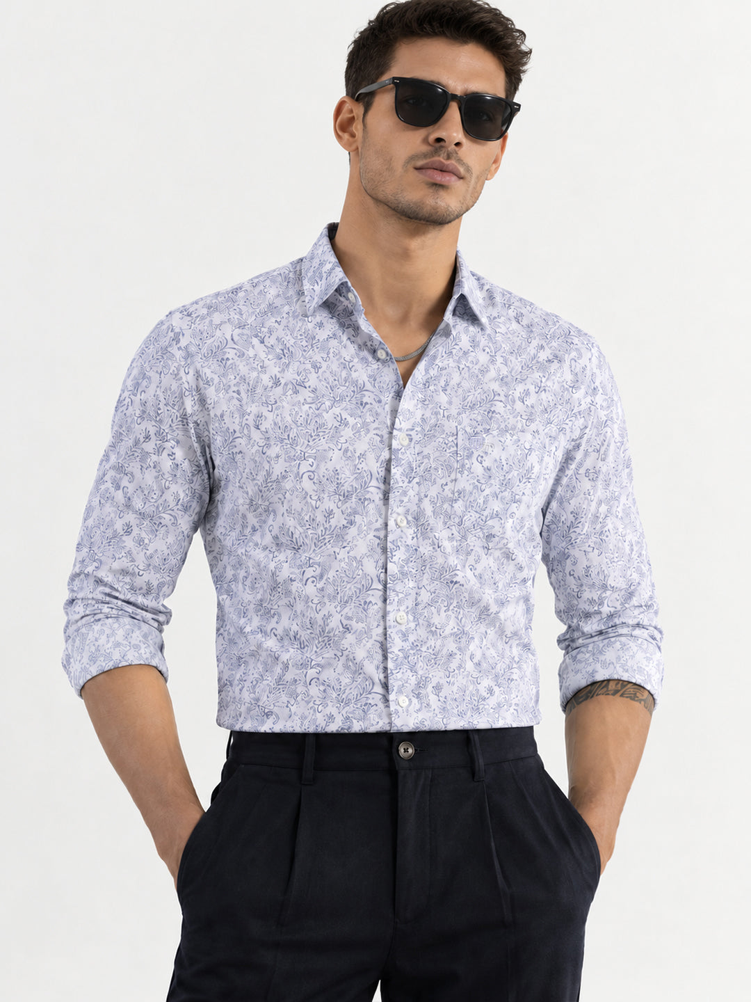 Powder Blue Floral Printed Formal Shirt