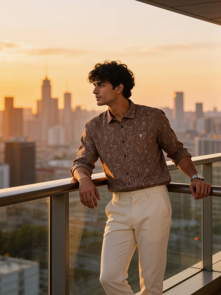 Muted Brown Floral Printed Casual Shirt