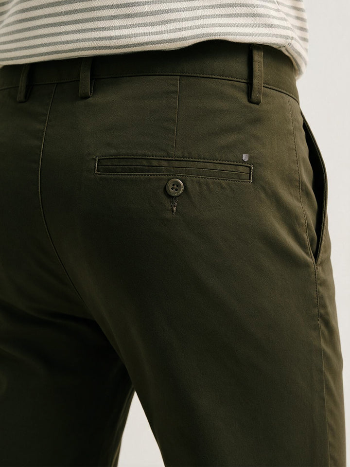 Dark Olive Cotton Twill Satin Solid Casual Trousers