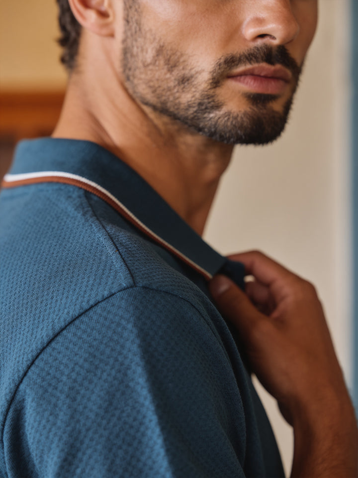 Petrol Blue Textured Plain Polo T Shirt