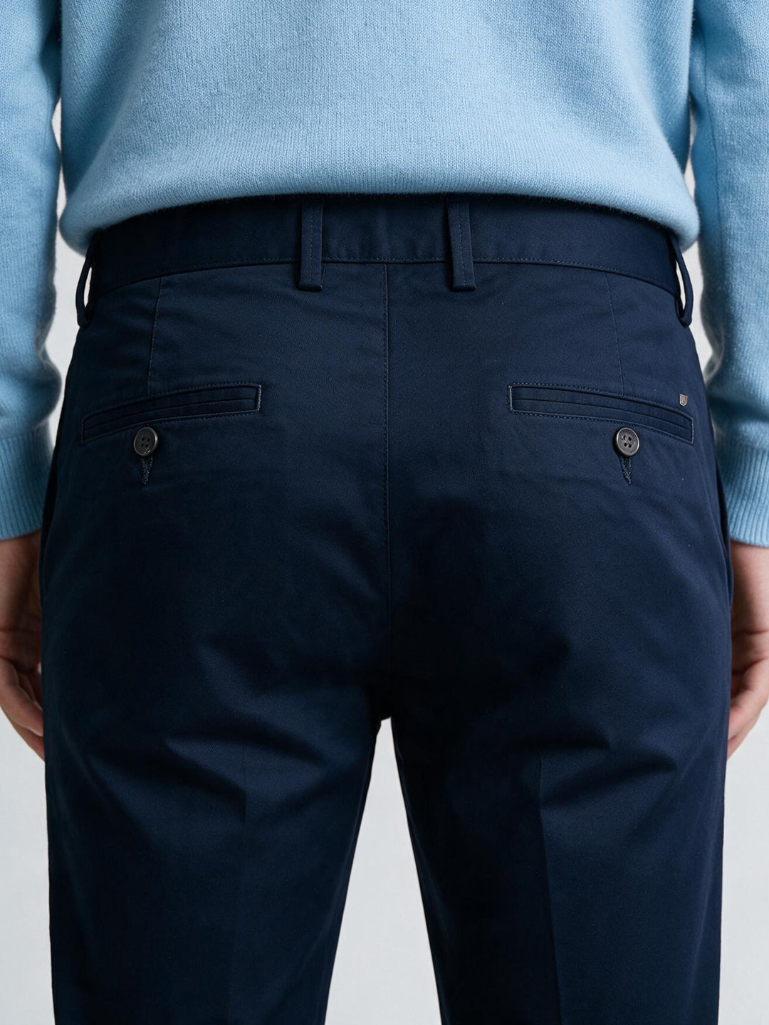 Navy Cotton Twill Satin Solid Casual Trousers