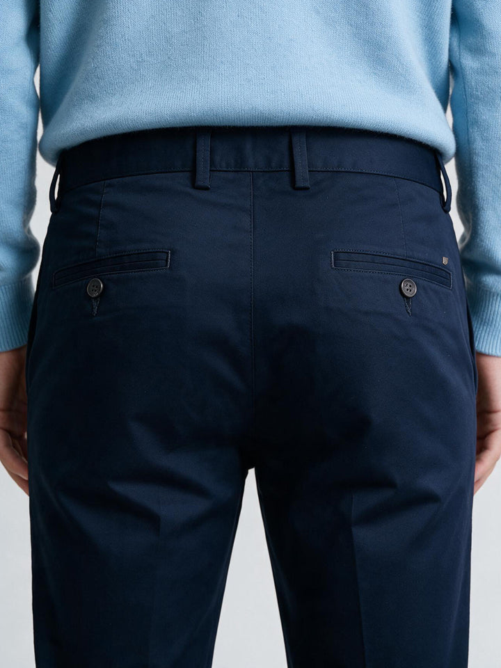 Navy Cotton Twill Satin Solid Casual Trousers