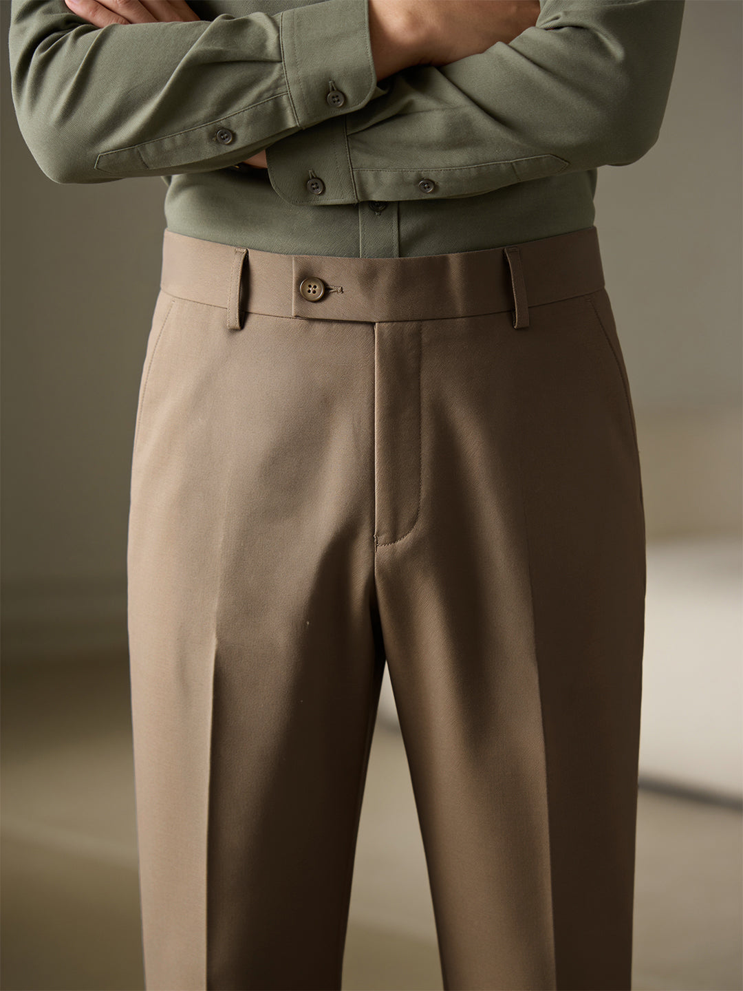 Warm Beige GreySolid Formal Trousers
