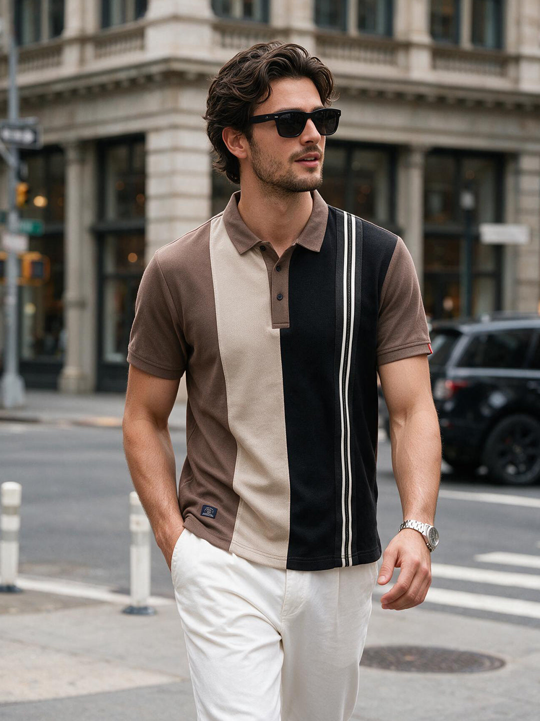 Brown and Cream Vertical Stripes Polo T Shirt