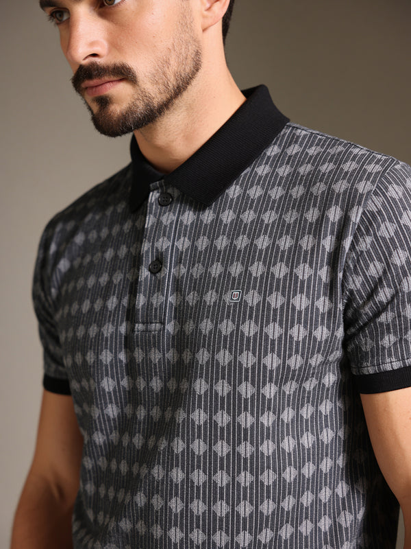 Noir Black Textured Printed Polo T Shirt