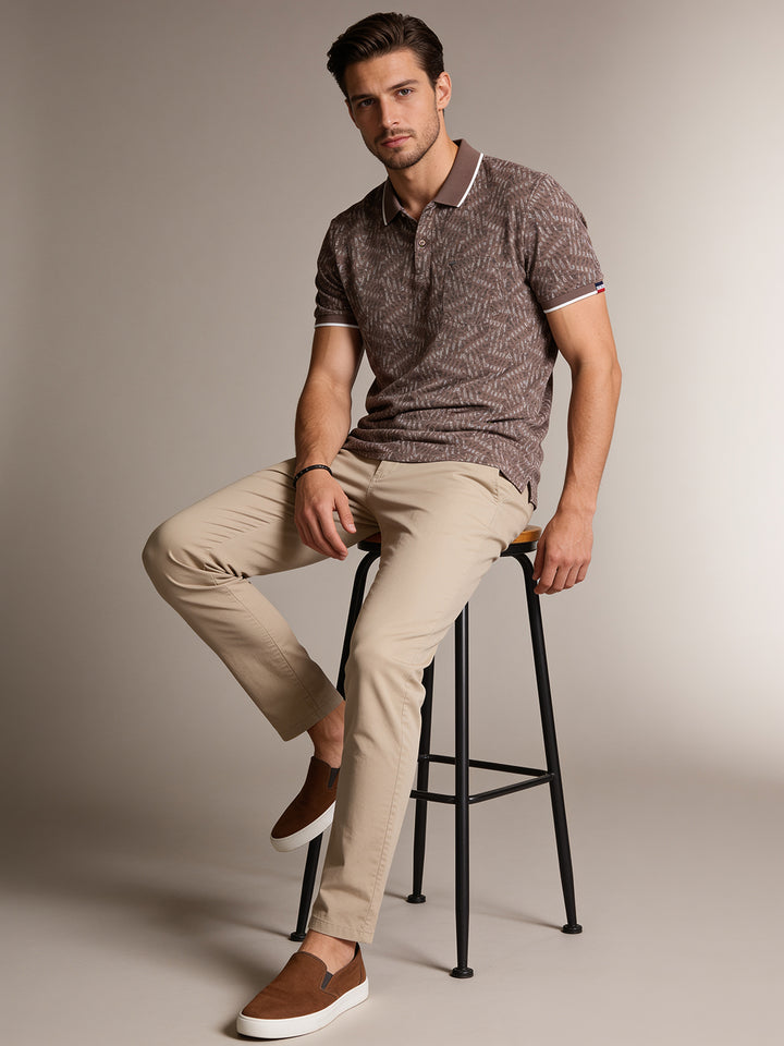 Fawn Brown Geometric Printed Polo T Shirt