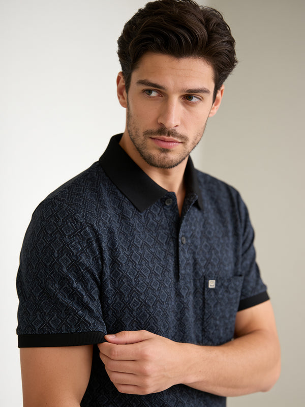 Navy Blue and Black Geometric Printed Polo T Shirt