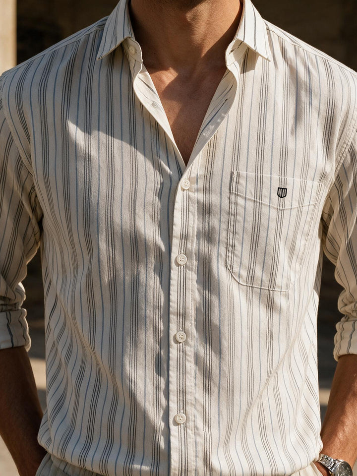 Ivory Mist and Blue Line Vertical Stripes Casual Shirt