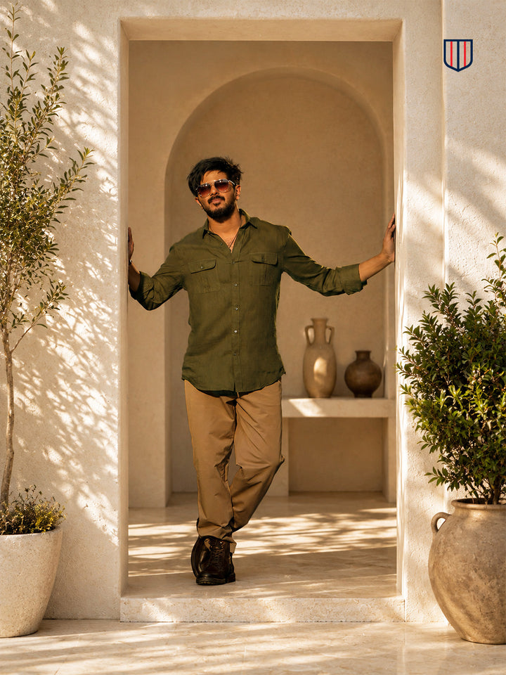 Olive Green Urban Casual Shirt With Dual Pockets