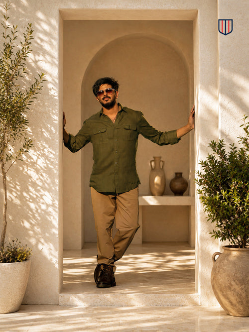 Olive Green Urban Casual Shirt With Dual Pockets