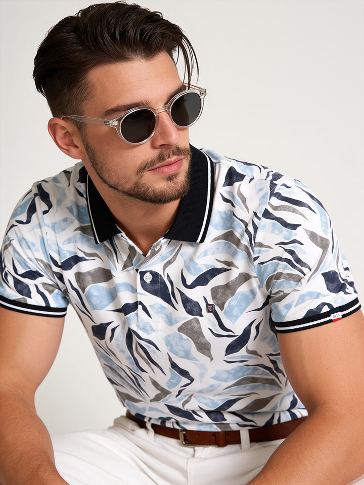 Mid Blue Abstract Printed Polo T Shirt