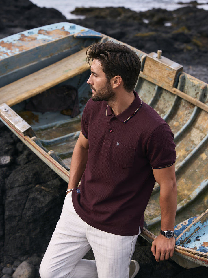 Berry Maroon Textured Plain Polo T Shirt