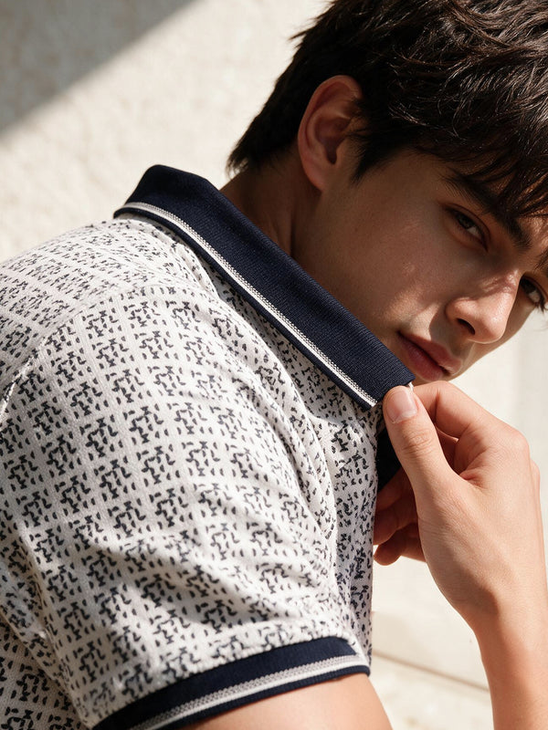 White and Black Printed Polo T Shirt