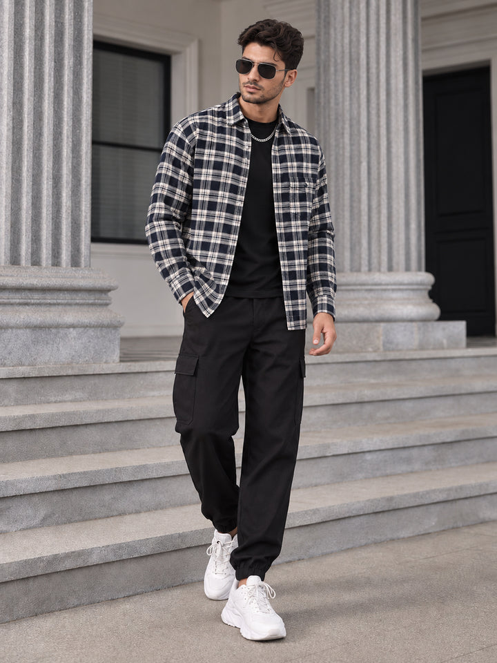 Prussian Blue Checkered Casual Shirt