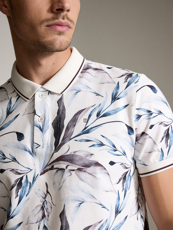 Light White and Blue Floral Printed Polo T Shirt