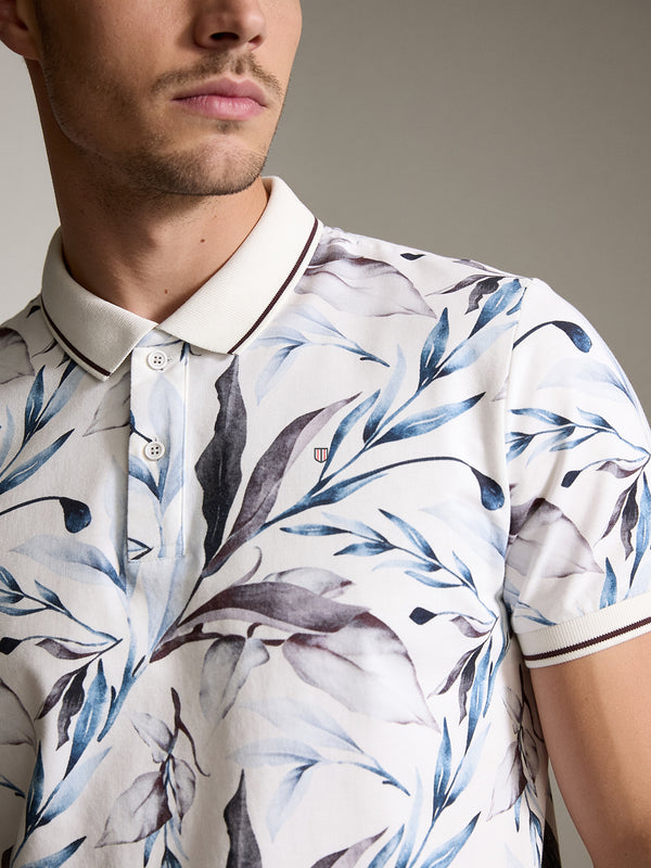 Light White and Blue Floral Printed Polo T Shirt