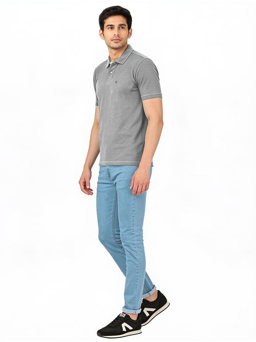 Grey Melange Plain Polo T Shirt
