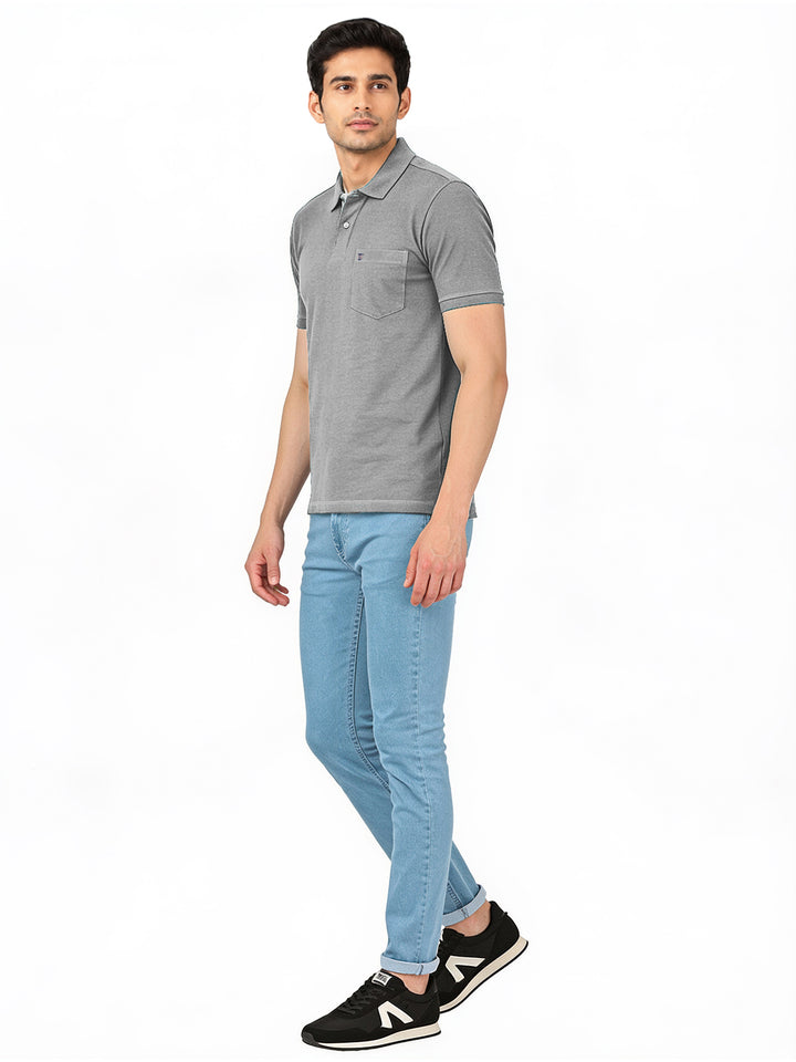 Grey Melange Plain Casual Polo T Shirt