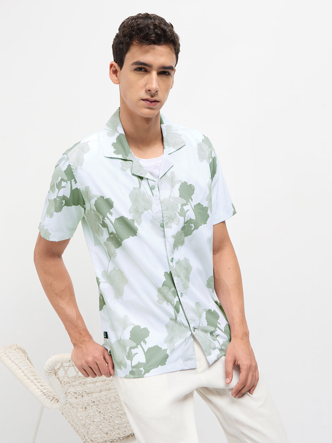 Leaf Green Floral Printed Casual Shirt