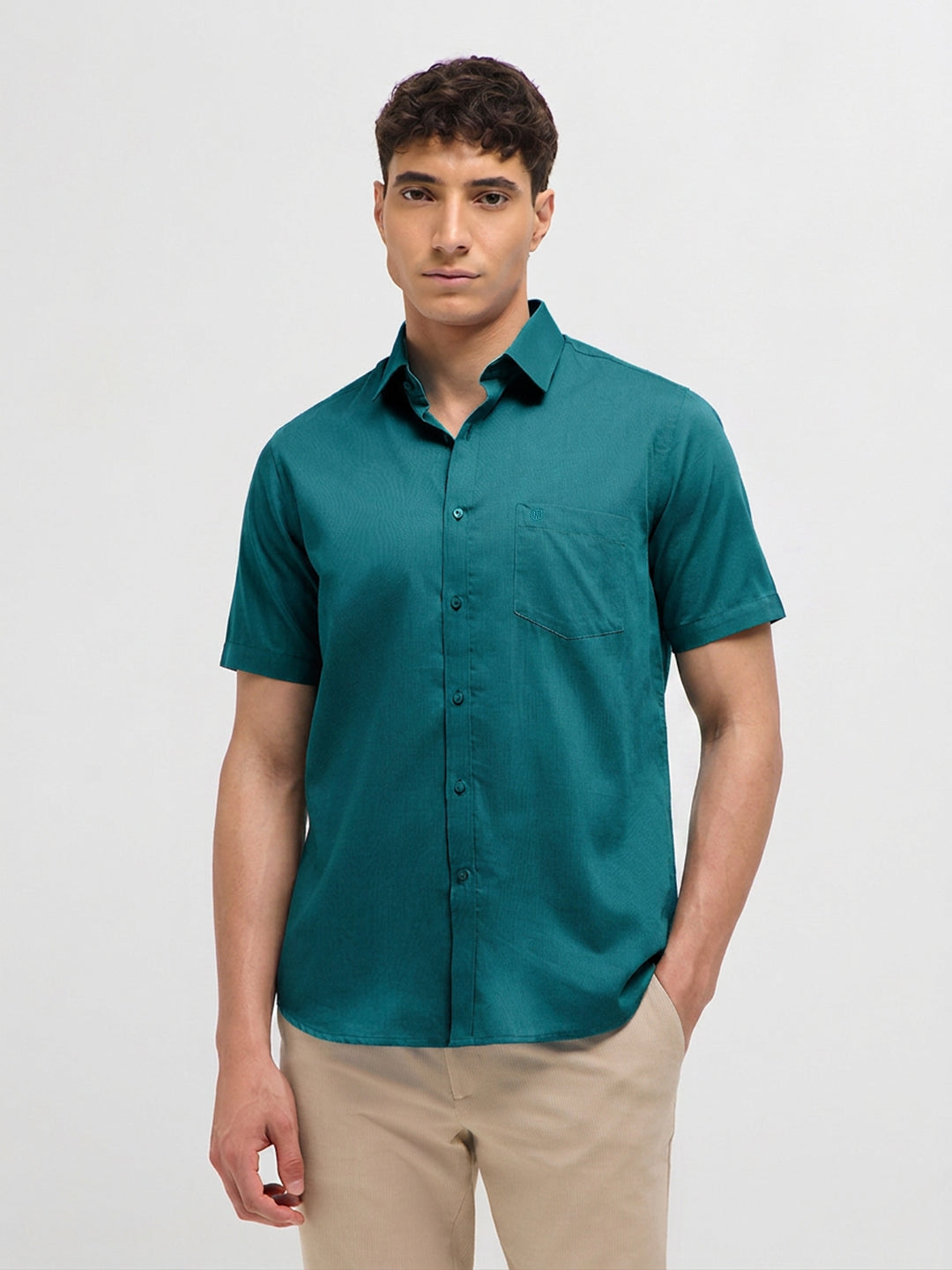 Teal Green Solid Formal Shirt