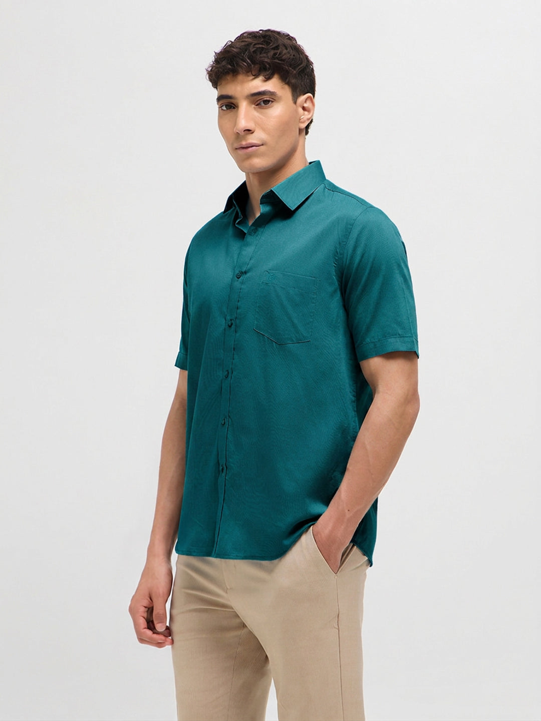 Teal Green Solid Formal Shirt