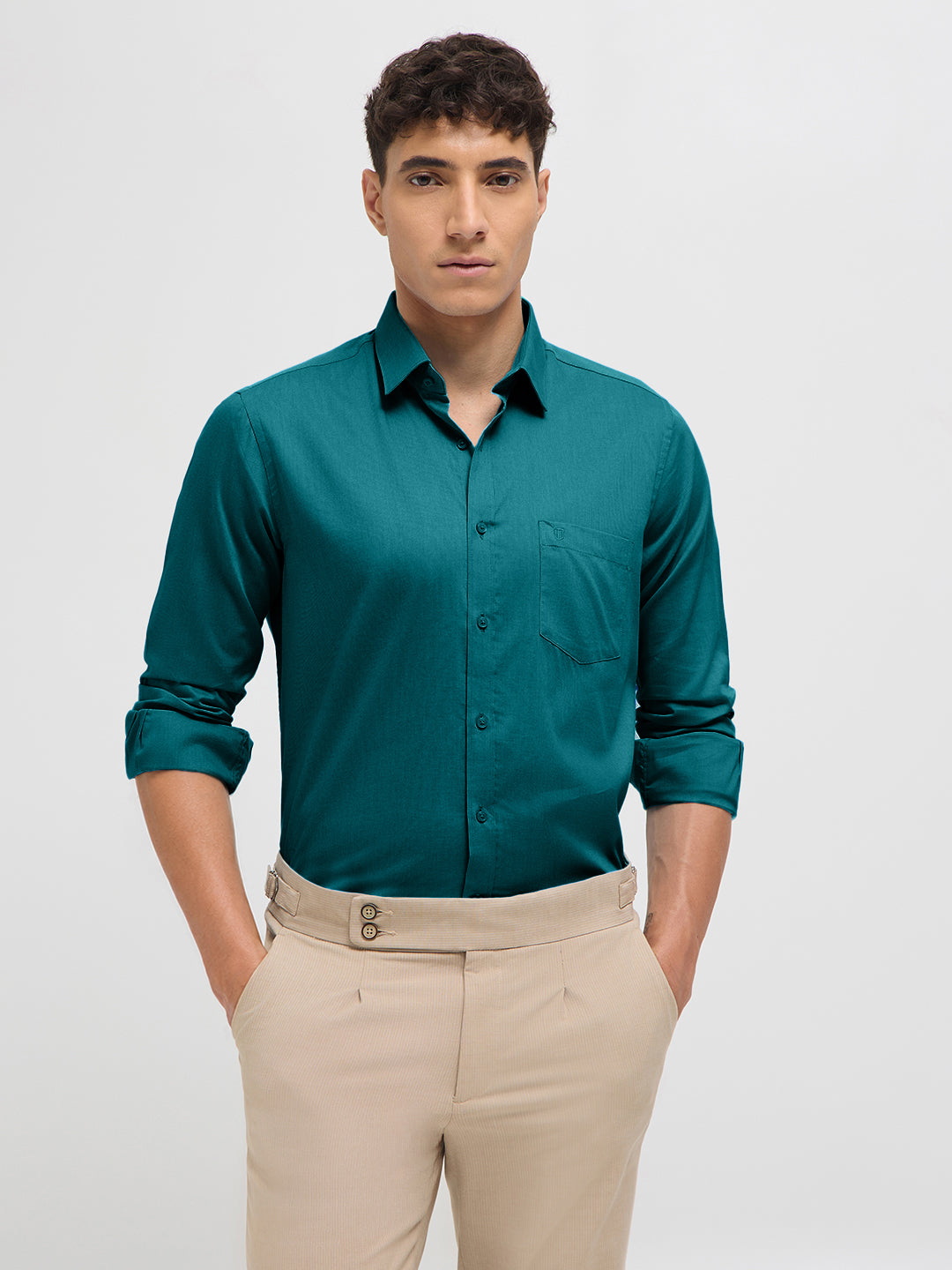 Teal Green Solid Formal Shirt