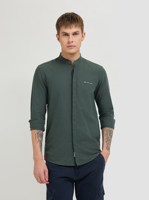 Dark Sage Green Textured Solid Casual Shirt