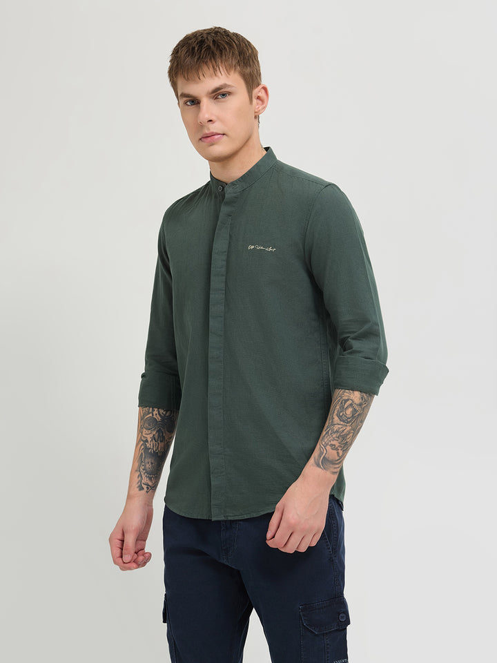 Dark Sage Green Textured Solid Casual Shirt