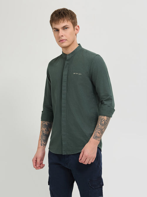 Dark Sage Green Textured Solid Casual Shirt