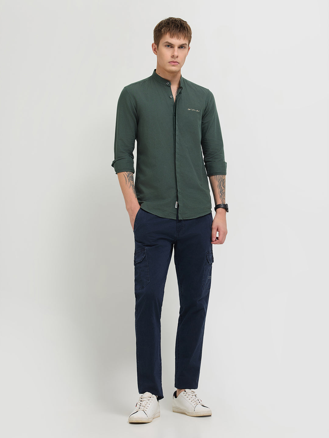 Dark Sage Green Textured Solid Casual Shirt