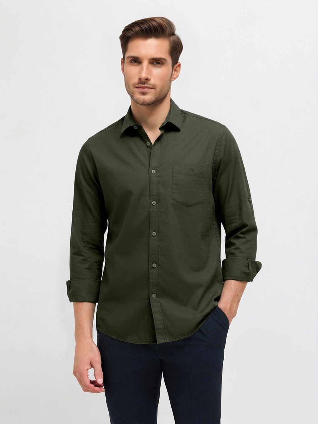 Jet Black Green Solid Casual Shirt