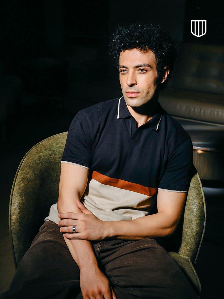 Navy and Cream Horizontal Stripes Polo T Shirt