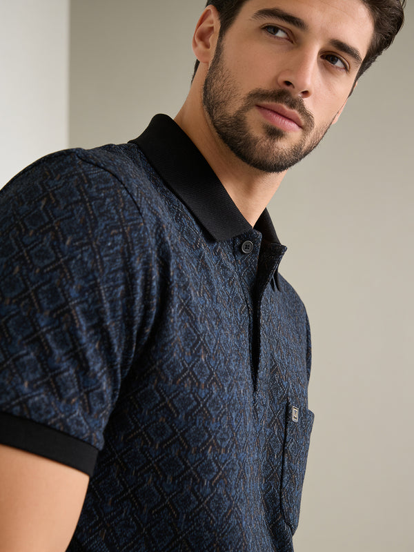 Navy Blue and Black Geometric Printed Polo T Shirt