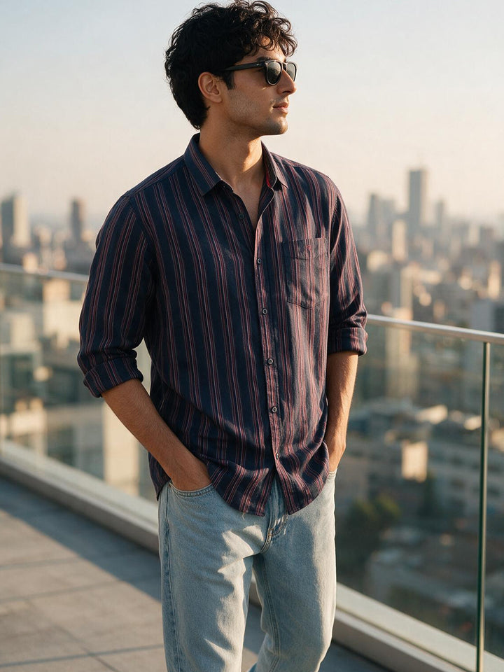 Plum Navy Stripes Casual Shirt