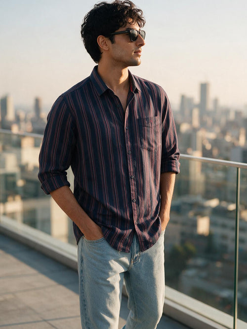 Plum Navy Stripes Casual Shirt