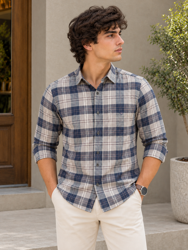 Dusty Navy Checkered Casual Shirt