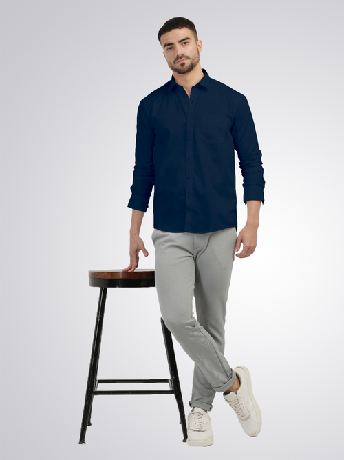 Navy Linen Blend Solid Shirt