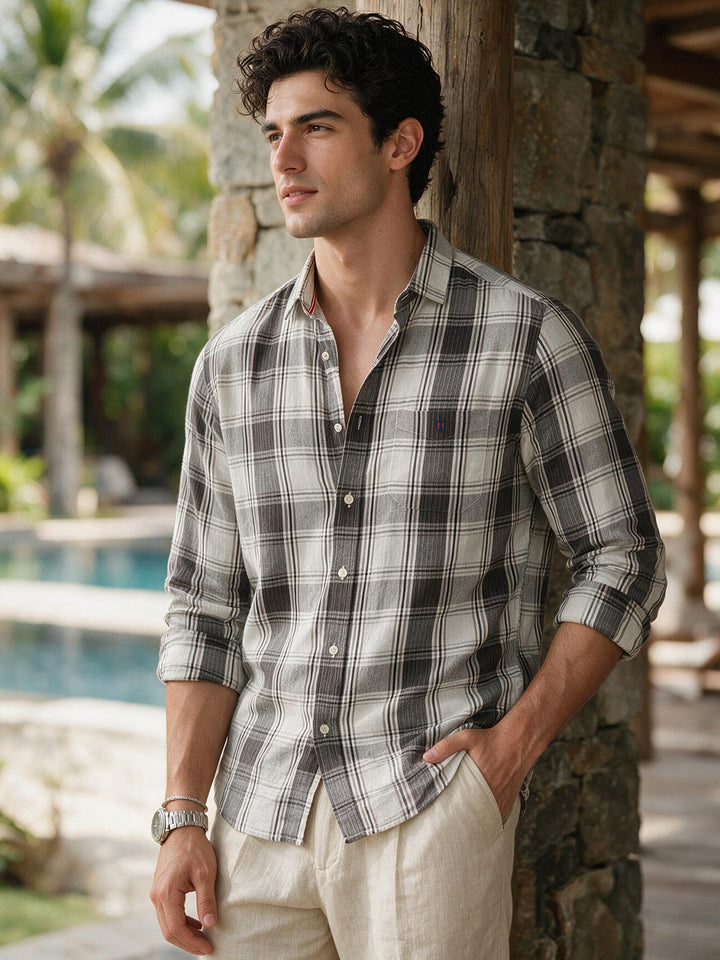 Slate Brown and White Checked Casual Shirt