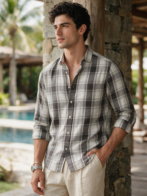Slate Brown and White Checked Casual Shirt