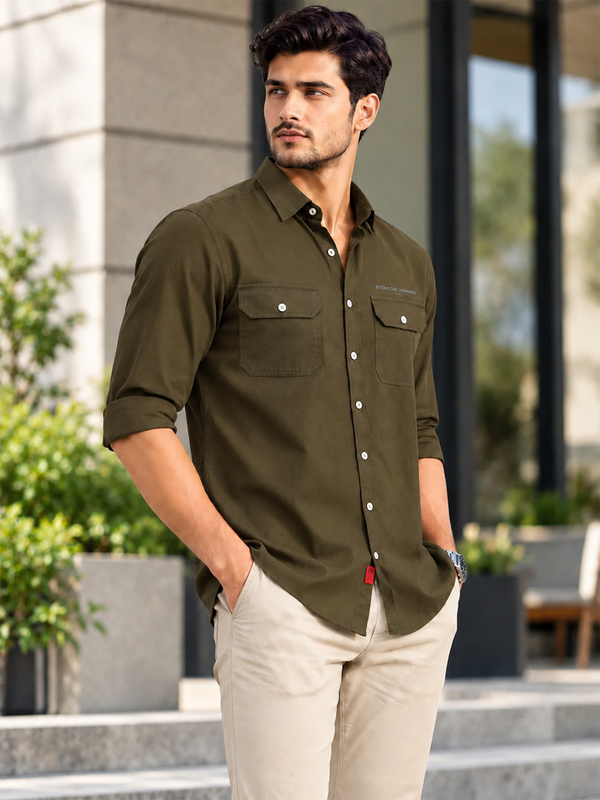Vintage Olive Plain Urban Casual Shirt With Dual Pockets