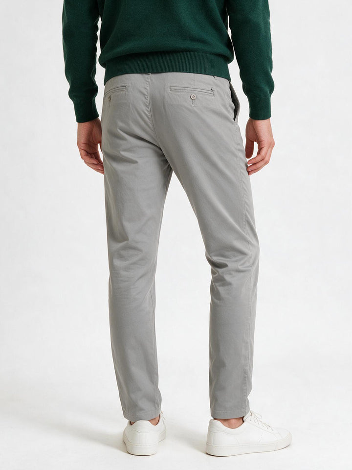 Grey Cotton Twill Satin Solid Casual Trousers