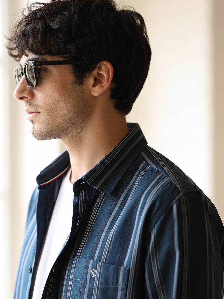 Blue Steel Vertical Stripes Casual Shirt