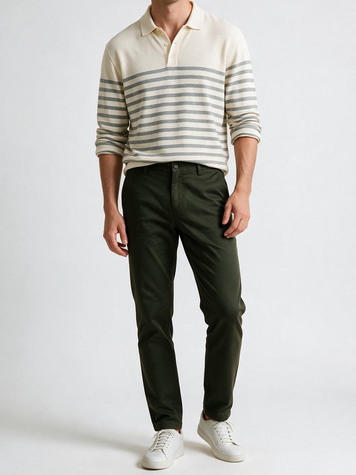 Dark Olive Cotton Twill Satin Solid Casual Trousers