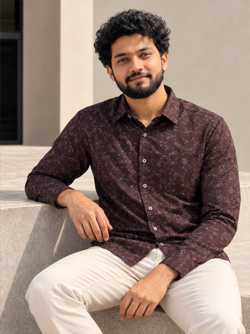 Dark Burgundy Micro Floral Printed Casual Shirt