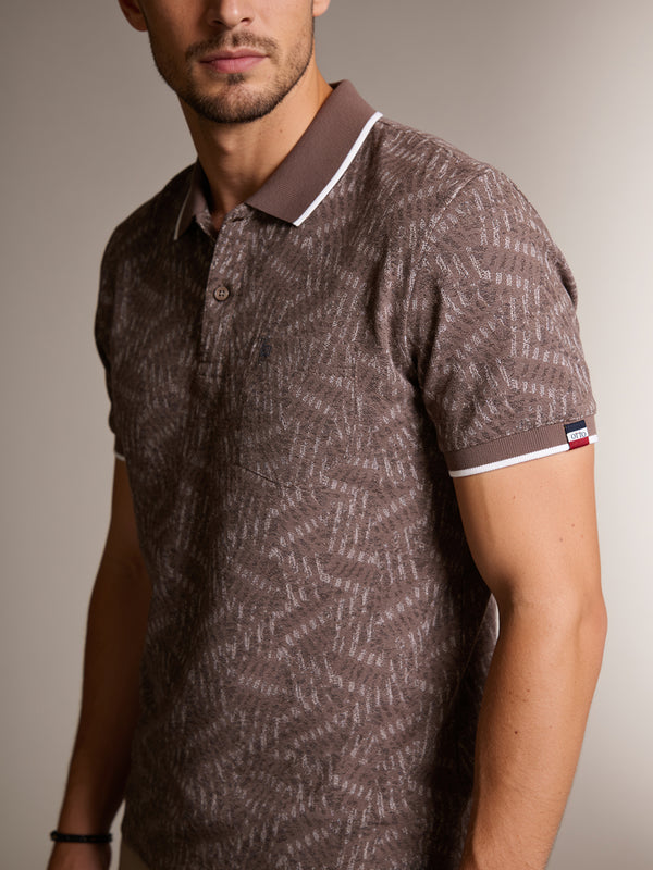 Fawn Brown Geometric Printed Polo T Shirt