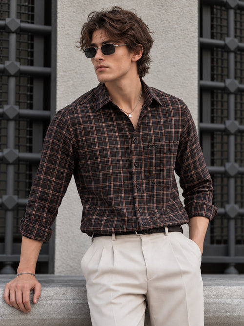 Brown and Black Checkered Formal Shirt