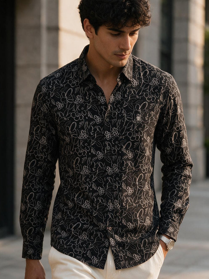Raven Black Floral Printed Casual Shirt