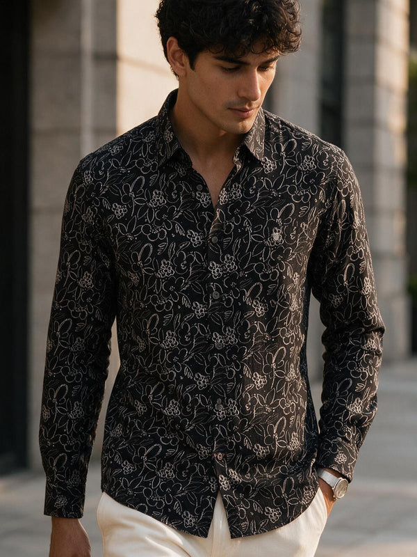 Raven Black Floral Printed Casual Shirt